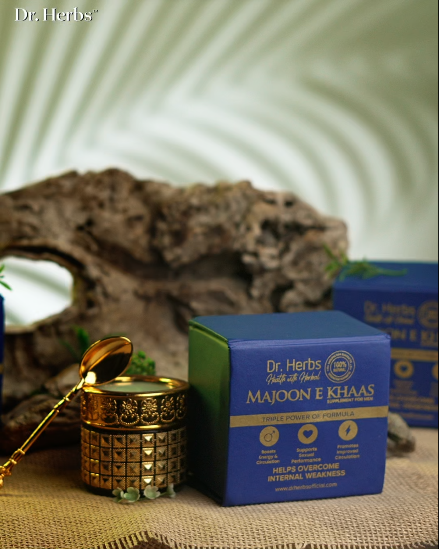 Herbal remedy Majoon e Khaas from Dr. Herbs, presented in a bottle with spoon and distinctive blue packaging.